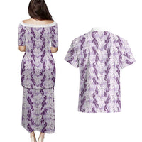 Hawaii Ti Leaf Maile Tuberose Lei Couples Matching Puletasi and Hawaiian Shirt With Hanalei Leaf Purple