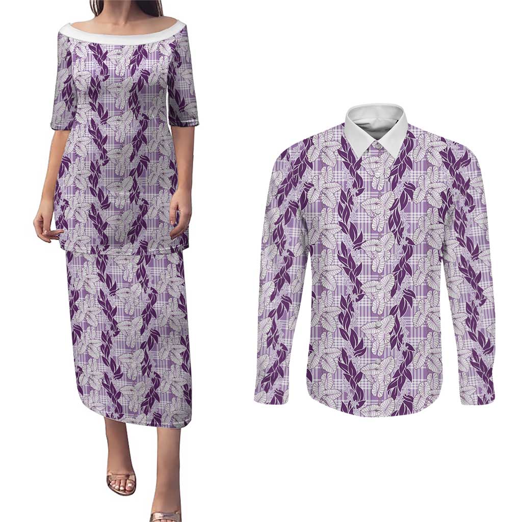 Hawaii Ti Leaf Maile Tuberose Lei Couples Matching Puletasi and Long Sleeve Button Shirt With Hanalei Leaf Purple