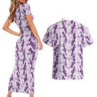 Hawaii Ti Leaf Maile Tuberose Lei Couples Matching Short Sleeve Bodycon Dress and Hawaiian Shirt With Hanalei Leaf Purple LT05 - Polynesian Pride