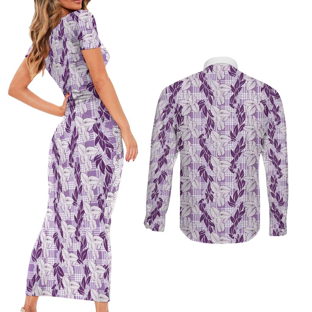 Hawaii Ti Leaf Maile Tuberose Lei Couples Matching Short Sleeve Bodycon Dress and Long Sleeve Button Shirt With Hanalei Leaf Purple