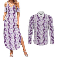 Hawaii Ti Leaf Maile Tuberose Lei Couples Matching Summer Maxi Dress and Long Sleeve Button Shirt With Hanalei Leaf Purple