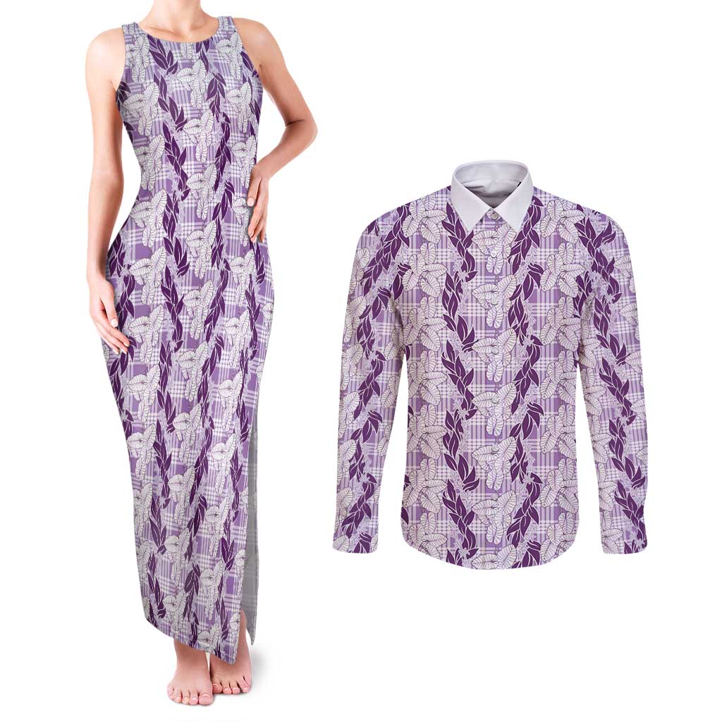 Hawaii Ti Leaf Maile Tuberose Lei Couples Matching Tank Maxi Dress and Long Sleeve Button Shirt With Hanalei Leaf Purple