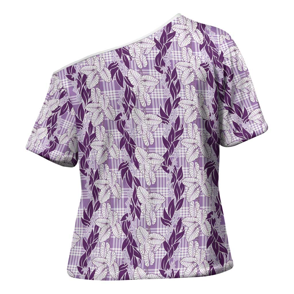 Hawaii Ti Leaf Maile Tuberose Lei Cross Shoulder Shirt With Hanalei Leaf Purple