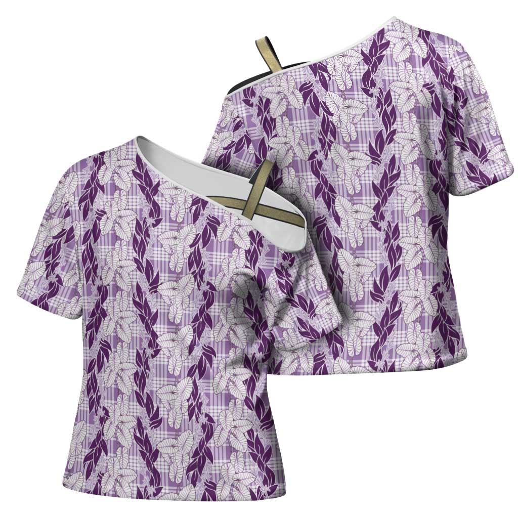 Hawaii Ti Leaf Maile Tuberose Lei Cross Shoulder Shirt With Hanalei Leaf Purple