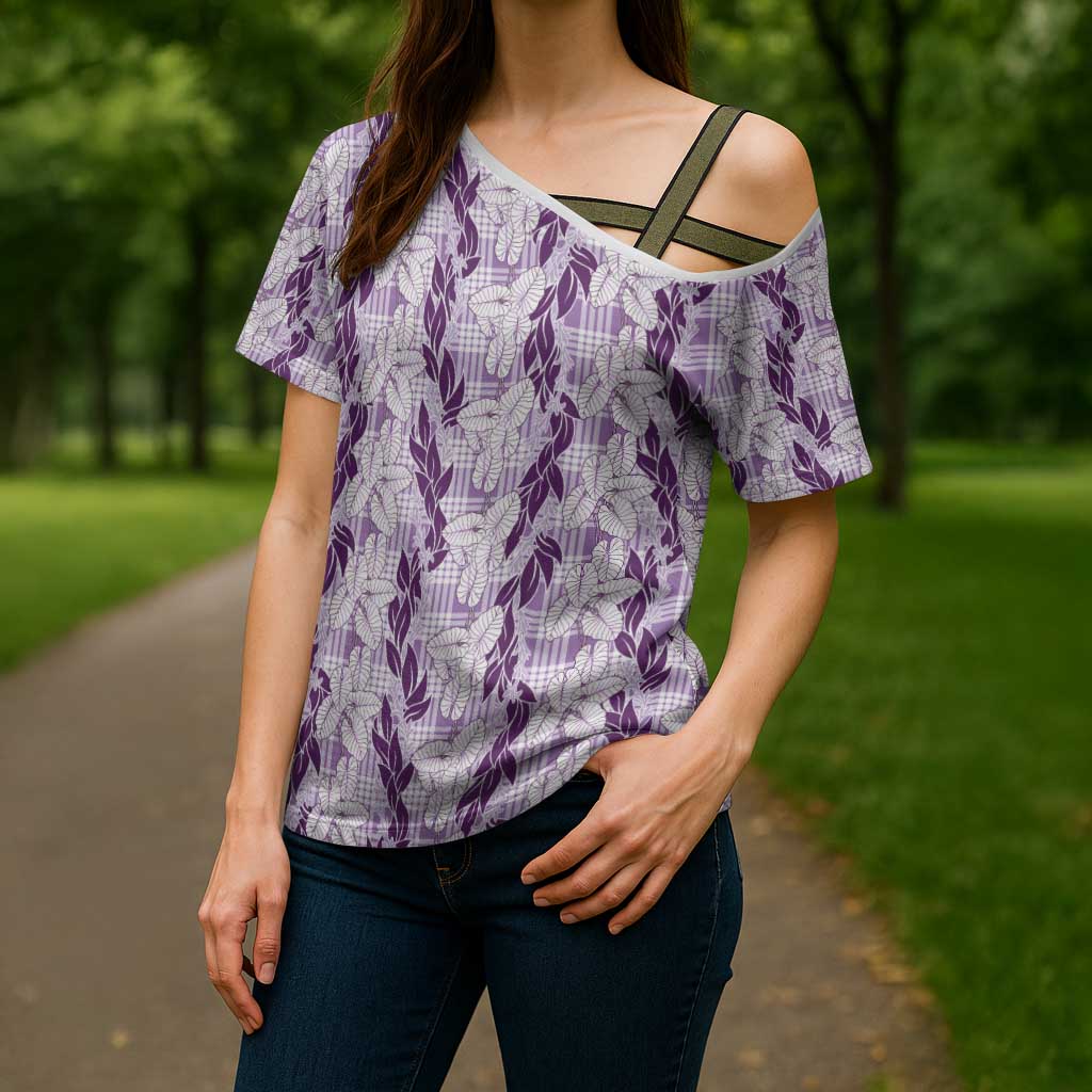 Hawaii Ti Leaf Maile Tuberose Lei Cross Shoulder Shirt With Hanalei Leaf Purple