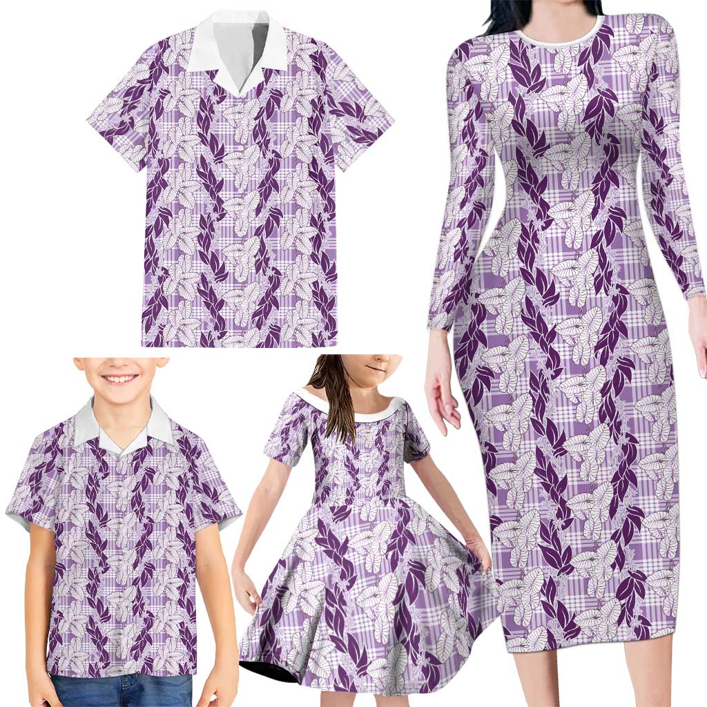 Hawaii Ti Leaf Maile Tuberose Lei Family Matching Long Sleeve Bodycon Dress and Hawaiian Shirt With Hanalei Leaf Purple LT05 - Polynesian Pride