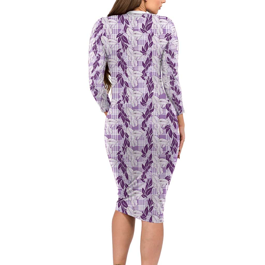 Hawaii Ti Leaf Maile Tuberose Lei Family Matching Long Sleeve Bodycon Dress and Hawaiian Shirt With Hanalei Leaf Purple LT05 - Polynesian Pride