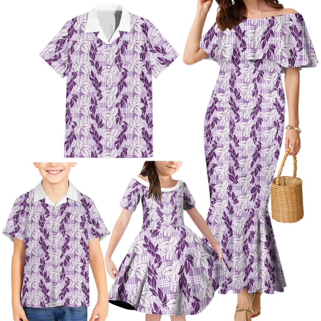 Hawaii Ti Leaf Maile Tuberose Lei Family Matching Mermaid Dress and Hawaiian Shirt With Hanalei Leaf Purple LT05 - Polynesian Pride