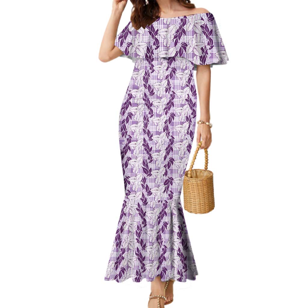 Hawaii Ti Leaf Maile Tuberose Lei Family Matching Mermaid Dress and Hawaiian Shirt With Hanalei Leaf Purple LT05 Mom's Dress Purple - Polynesian Pride