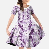 Hawaii Ti Leaf Maile Tuberose Lei Family Matching Off The Shoulder Long Sleeve Dress and Hawaiian Shirt With Hanalei Leaf Purple LT05 Daughter's Dress Purple - Polynesian Pride
