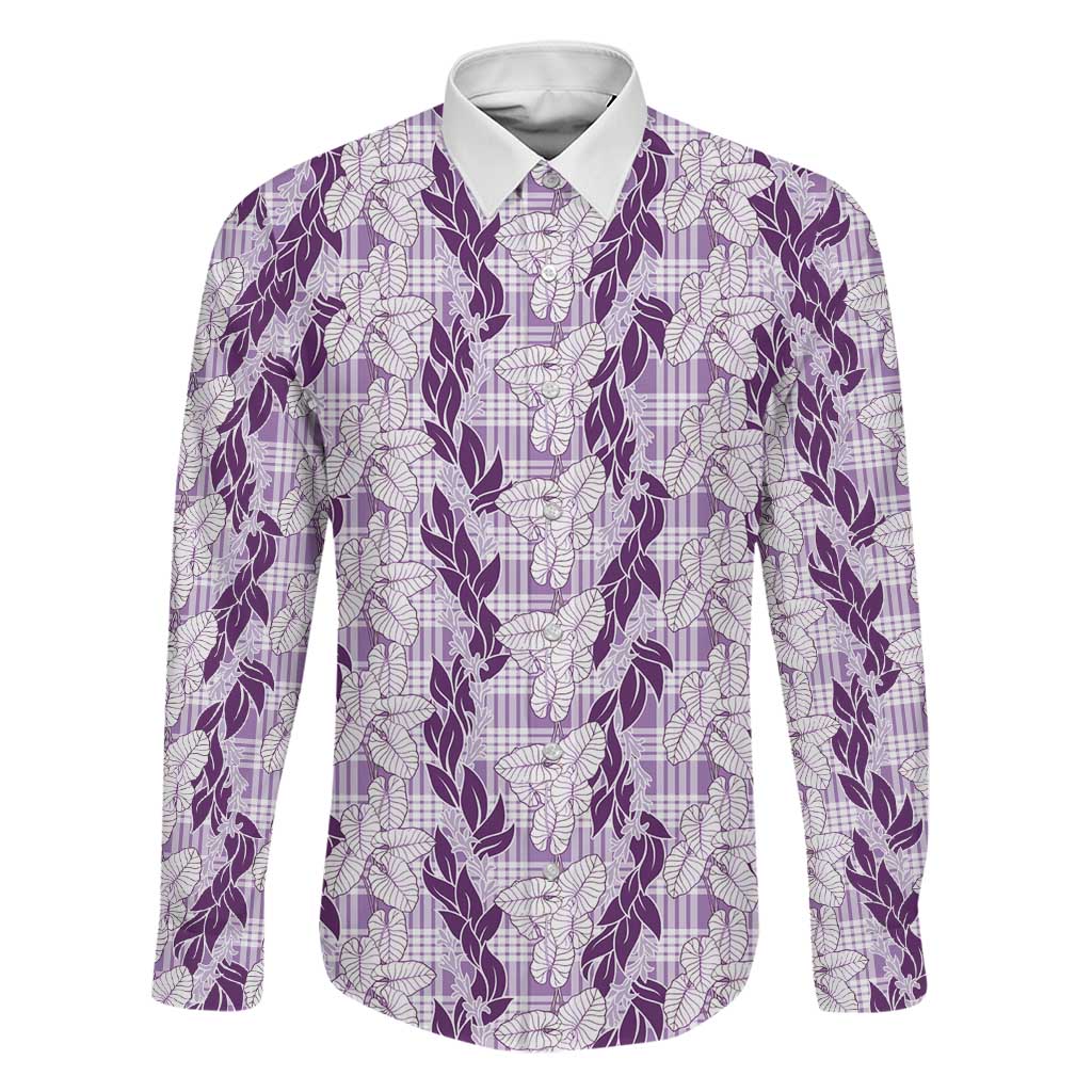 Hawaii Ti Leaf Maile Tuberose Lei Family Matching Off The Shoulder Long Sleeve Dress and Hawaiian Shirt With Hanalei Leaf Purple LT05 Dad's Shirt - Long Sleeve Purple - Polynesian Pride