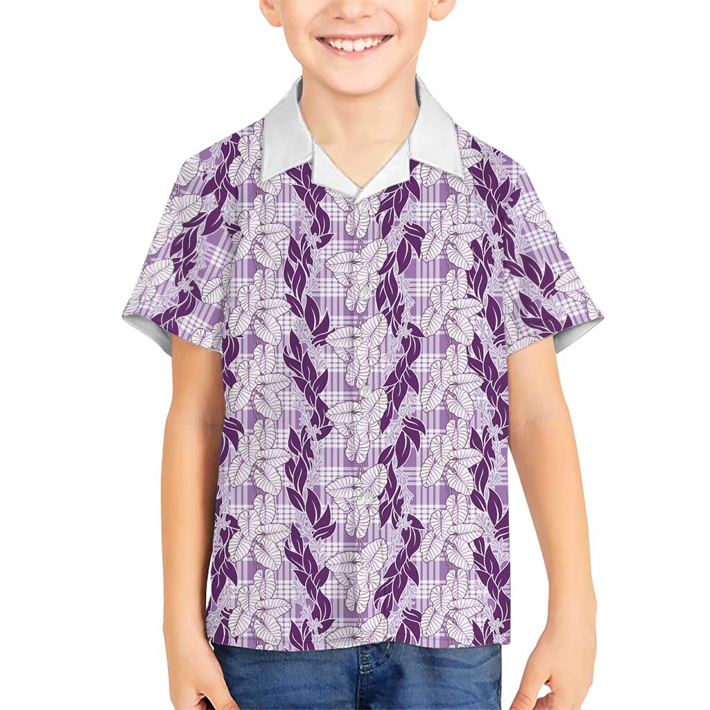 Hawaii Ti Leaf Maile Tuberose Lei Family Matching Off The Shoulder Long Sleeve Dress and Hawaiian Shirt With Hanalei Leaf Purple LT05 Son's Shirt Purple - Polynesian Pride