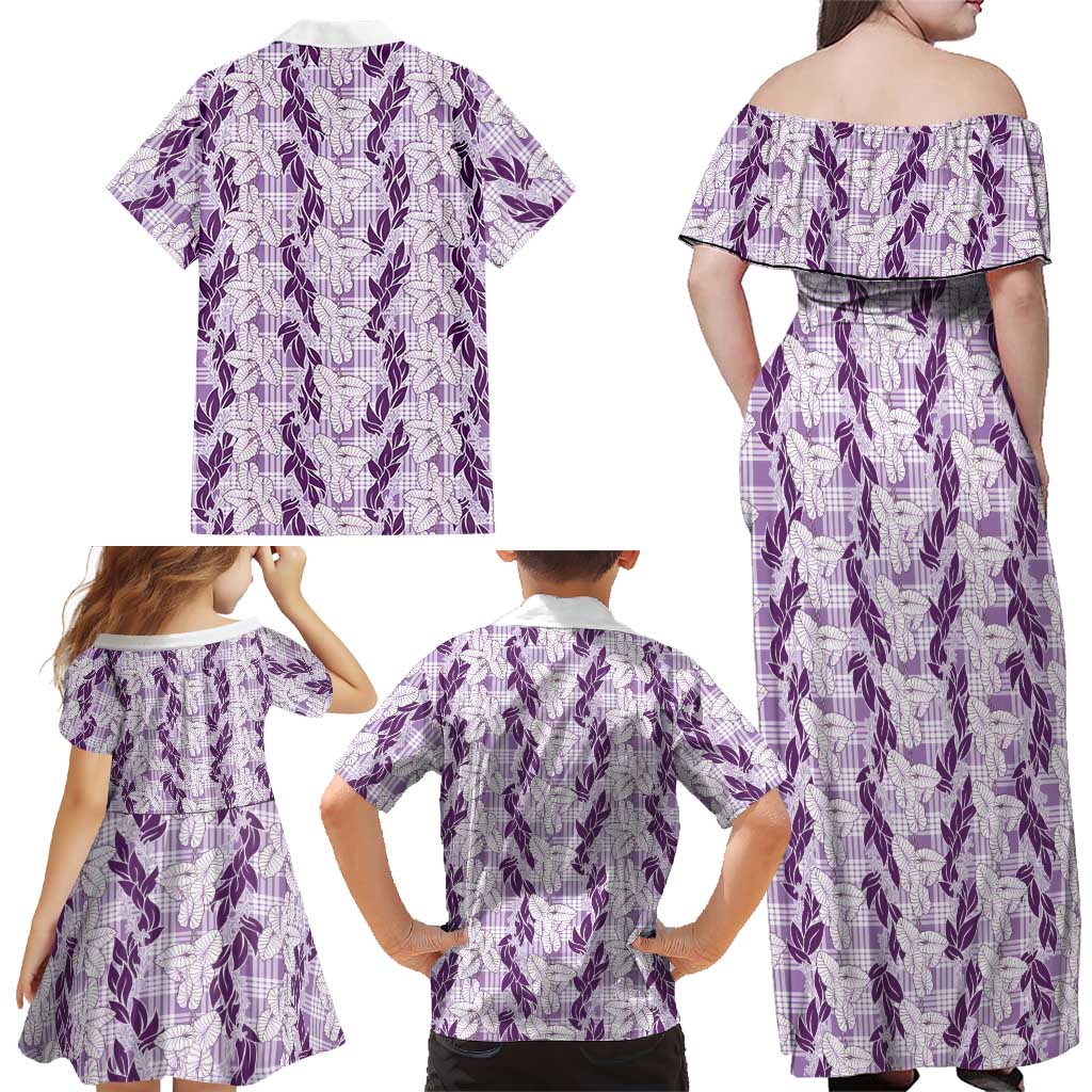 Hawaii Ti Leaf Maile Tuberose Lei Family Matching Off Shoulder Maxi Dress and Hawaiian Shirt With Hanalei Leaf Purple