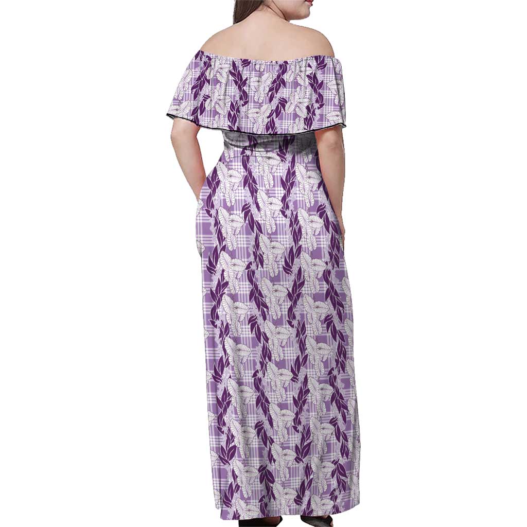 Hawaii Ti Leaf Maile Tuberose Lei Family Matching Off Shoulder Maxi Dress and Hawaiian Shirt With Hanalei Leaf Purple