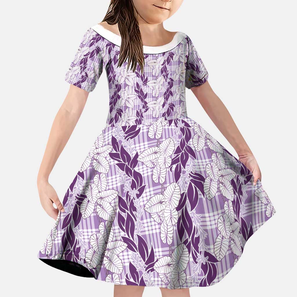Hawaii Ti Leaf Maile Tuberose Lei Family Matching Off Shoulder Short Dress and Hawaiian Shirt With Hanalei Leaf Purple