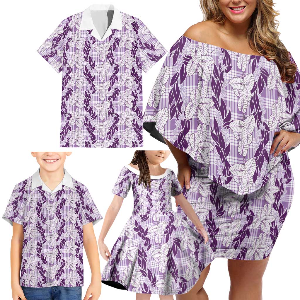 Hawaii Ti Leaf Maile Tuberose Lei Family Matching Off Shoulder Short Dress and Hawaiian Shirt With Hanalei Leaf Purple