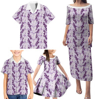 Hawaii Ti Leaf Maile Tuberose Lei Family Matching Puletasi and Hawaiian Shirt With Hanalei Leaf Purple