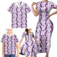 Hawaii Ti Leaf Maile Tuberose Lei Family Matching Short Sleeve Bodycon Dress and Hawaiian Shirt With Hanalei Leaf Purple LT05 - Polynesian Pride