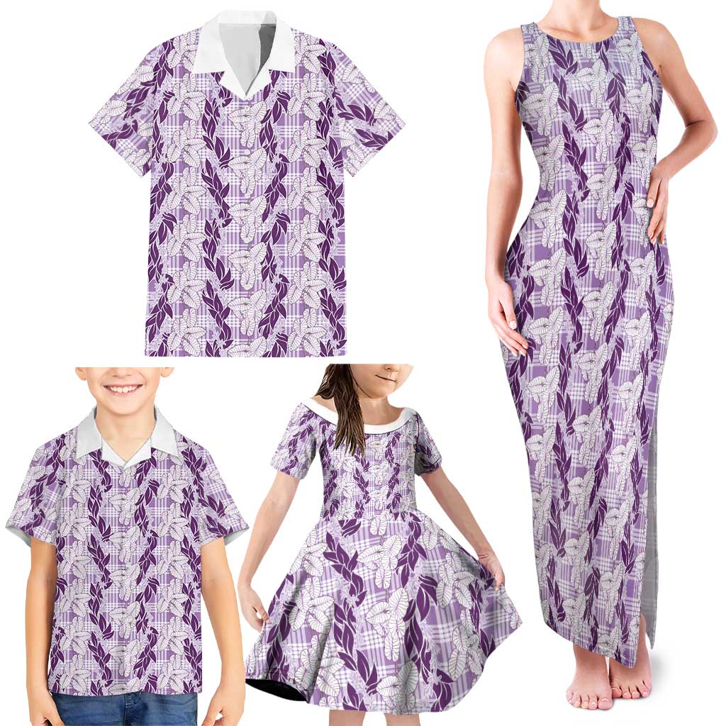 Hawaii Ti Leaf Maile Tuberose Lei Family Matching Tank Maxi Dress and Hawaiian Shirt With Hanalei Leaf Purple LT05 - Polynesian Pride
