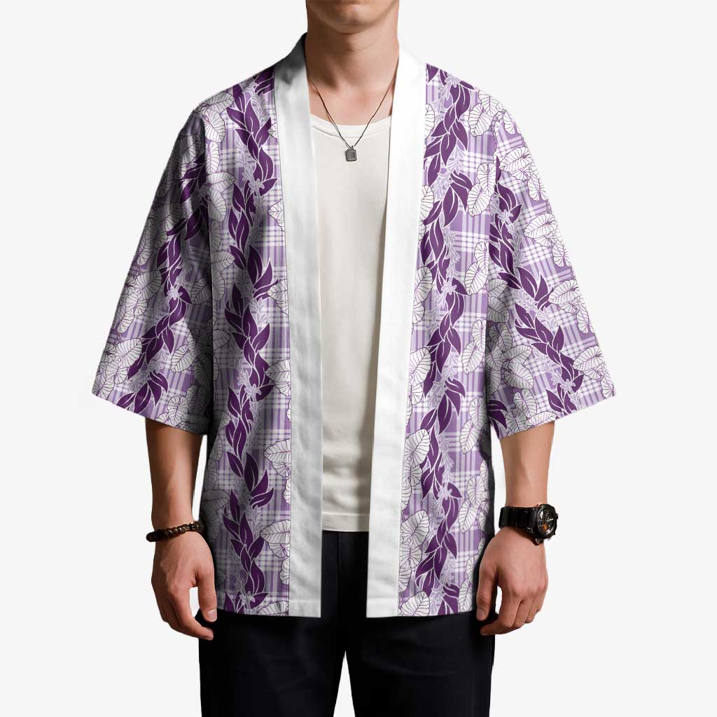 Hawaii Ti Leaf Maile Tuberose Lei Kimono With Hanalei Leaf Purple