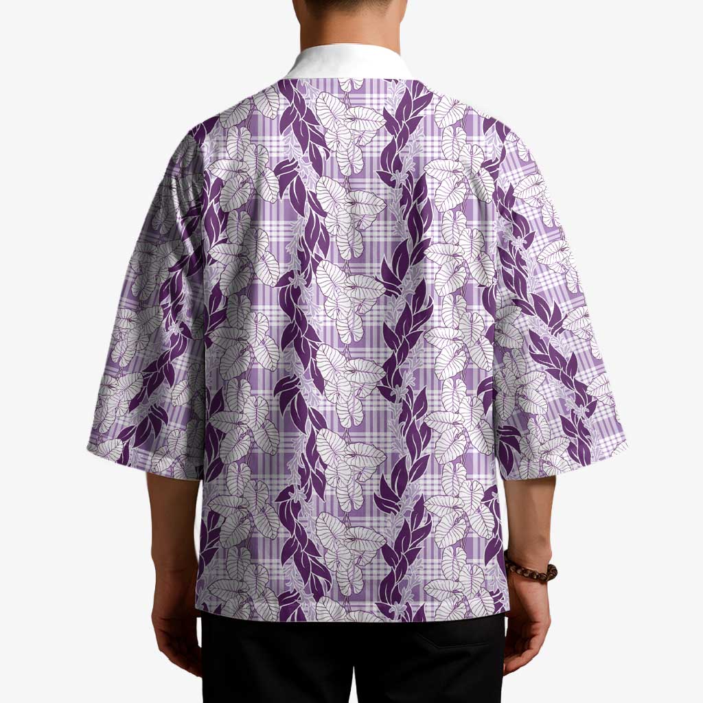 Hawaii Ti Leaf Maile Tuberose Lei Kimono With Hanalei Leaf Purple