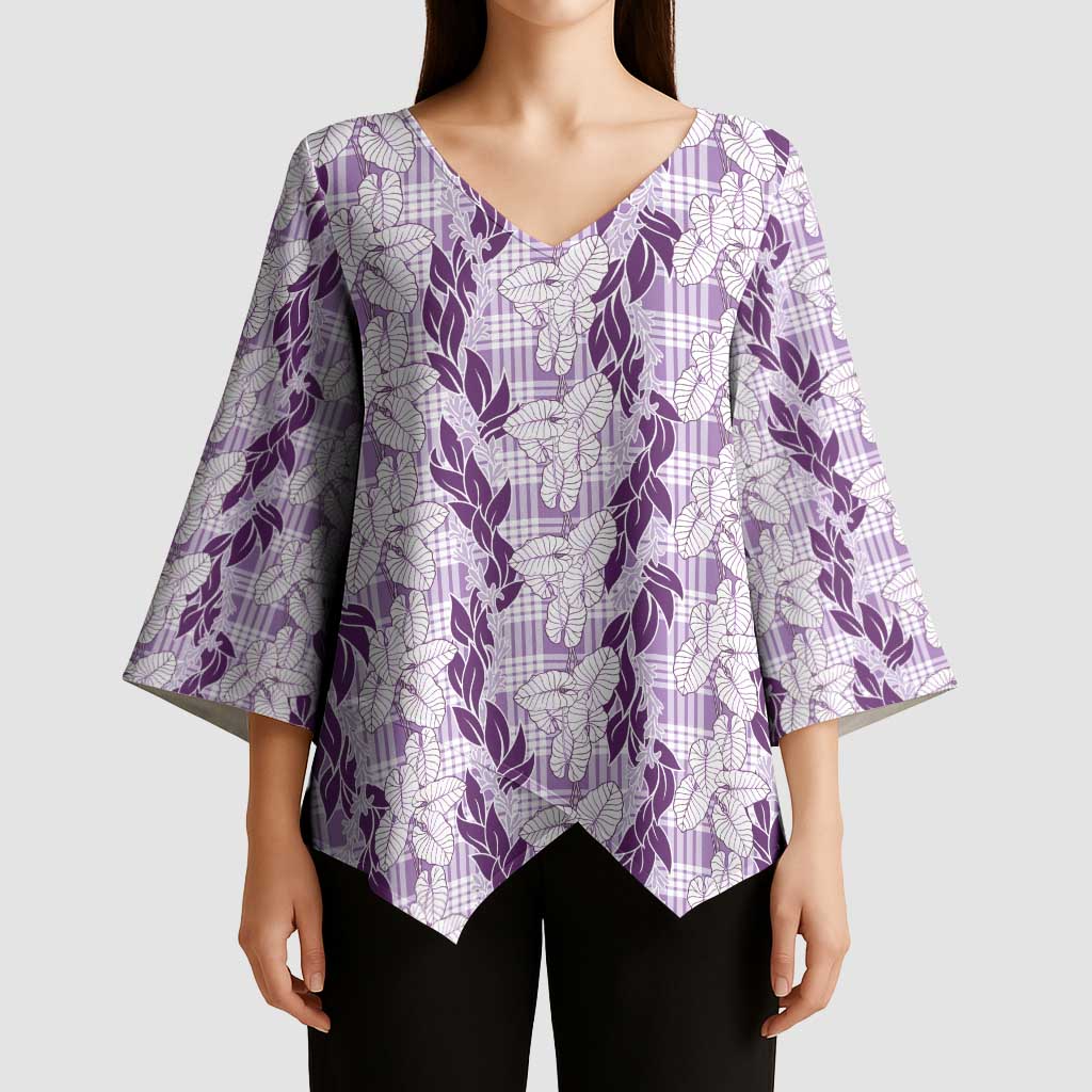 Hawaii Ti Leaf Maile Tuberose Lei Kimono Sleeve Blouse With Hanalei Leaf Purple