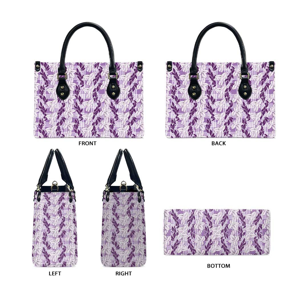 Hawaii Ti Leaf Maile Tuberose Lei Leather Bag With Hanalei Leaf Purple