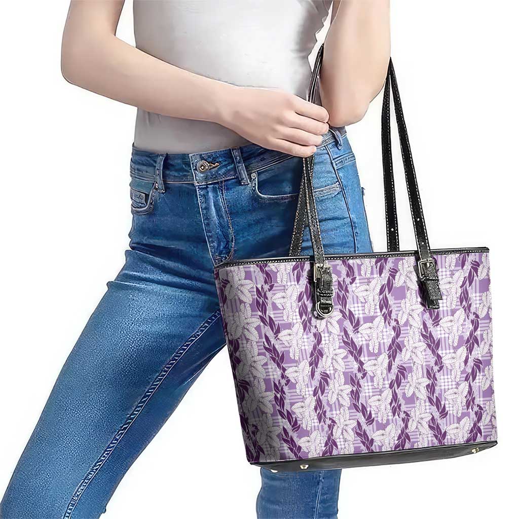Hawaii Ti Leaf Maile Tuberose Lei Leather Tote Bag With Hanalei Leaf Purple
