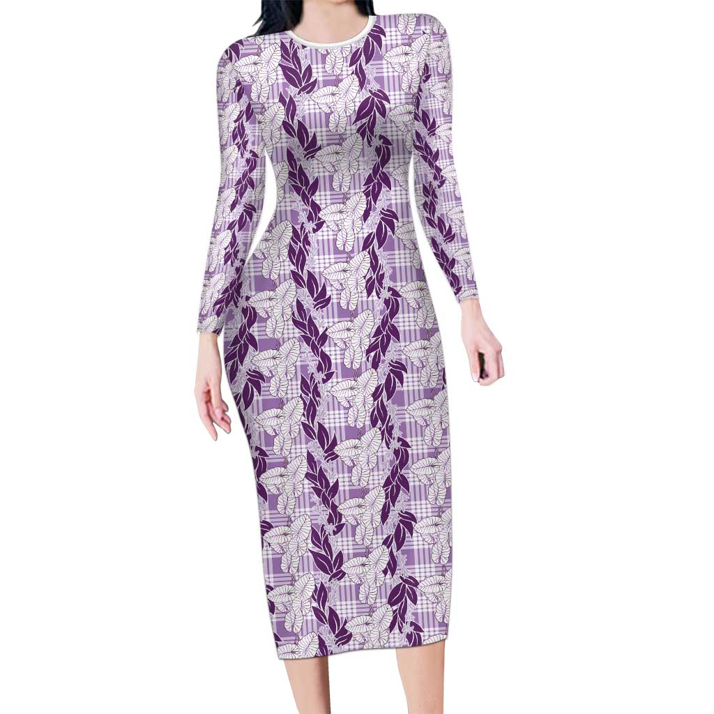 Hawaii Ti Leaf Maile Tuberose Lei Long Sleeve Bodycon Dress With Hanalei Leaf Purple