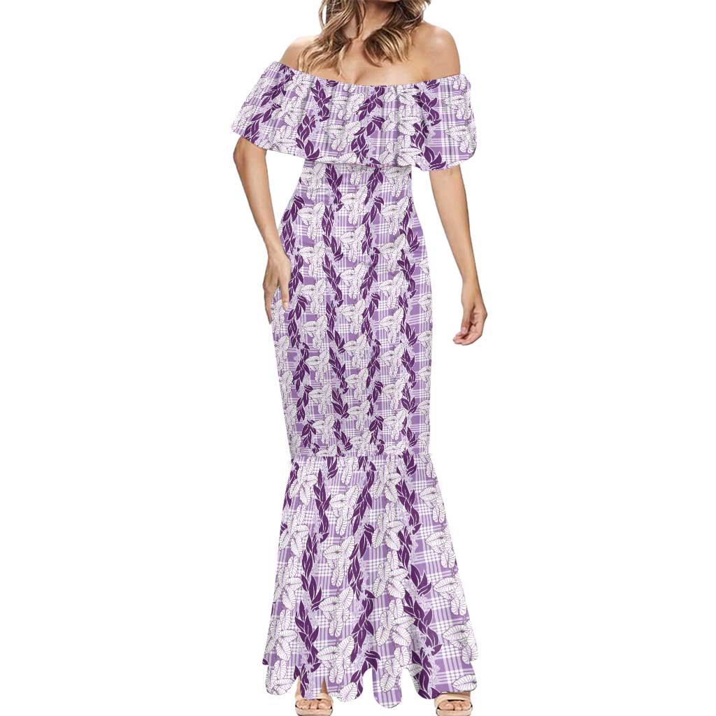 Hawaii Ti Leaf Maile Tuberose Lei Mermaid Dress With Hanalei Leaf Purple