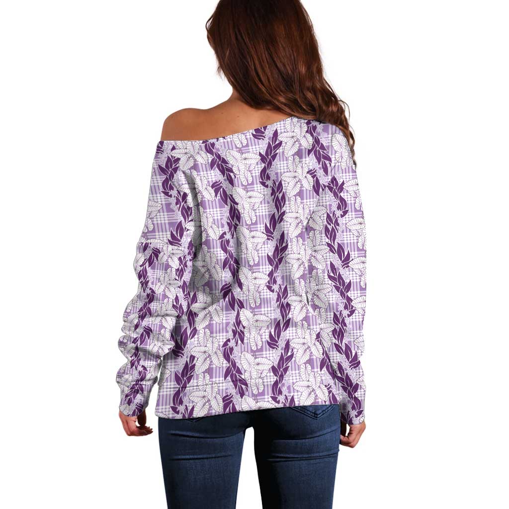 Hawaii Ti Leaf Maile Tuberose Lei Off Shoulder Sweater With Hanalei Leaf Purple