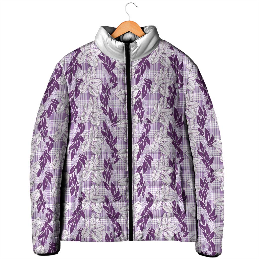 Hawaii Ti Leaf Maile Tuberose Lei Padded Jacket With Hanalei Leaf Purple