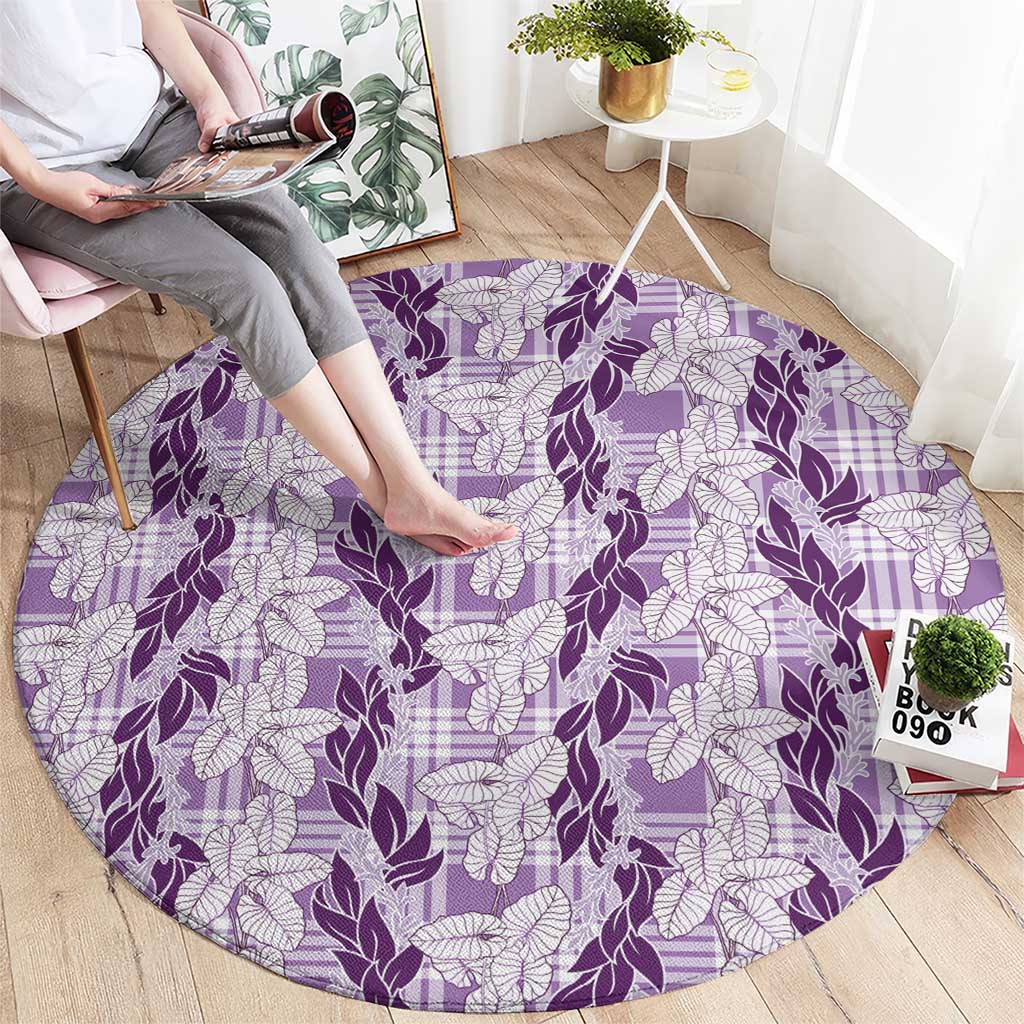 Hawaii Ti Leaf Maile Tuberose Lei Round Carpet With Hanalei Leaf Purple