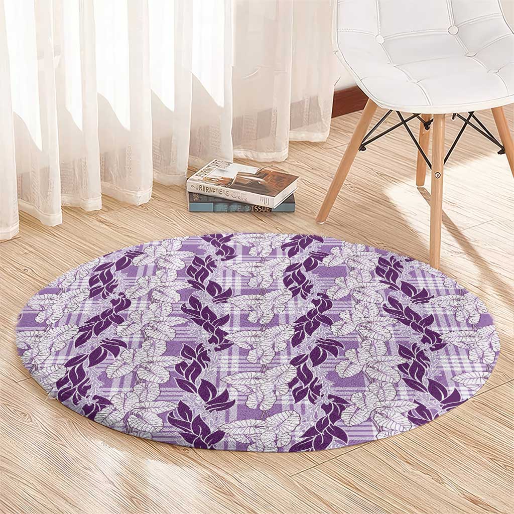 Hawaii Ti Leaf Maile Tuberose Lei Round Carpet With Hanalei Leaf Purple