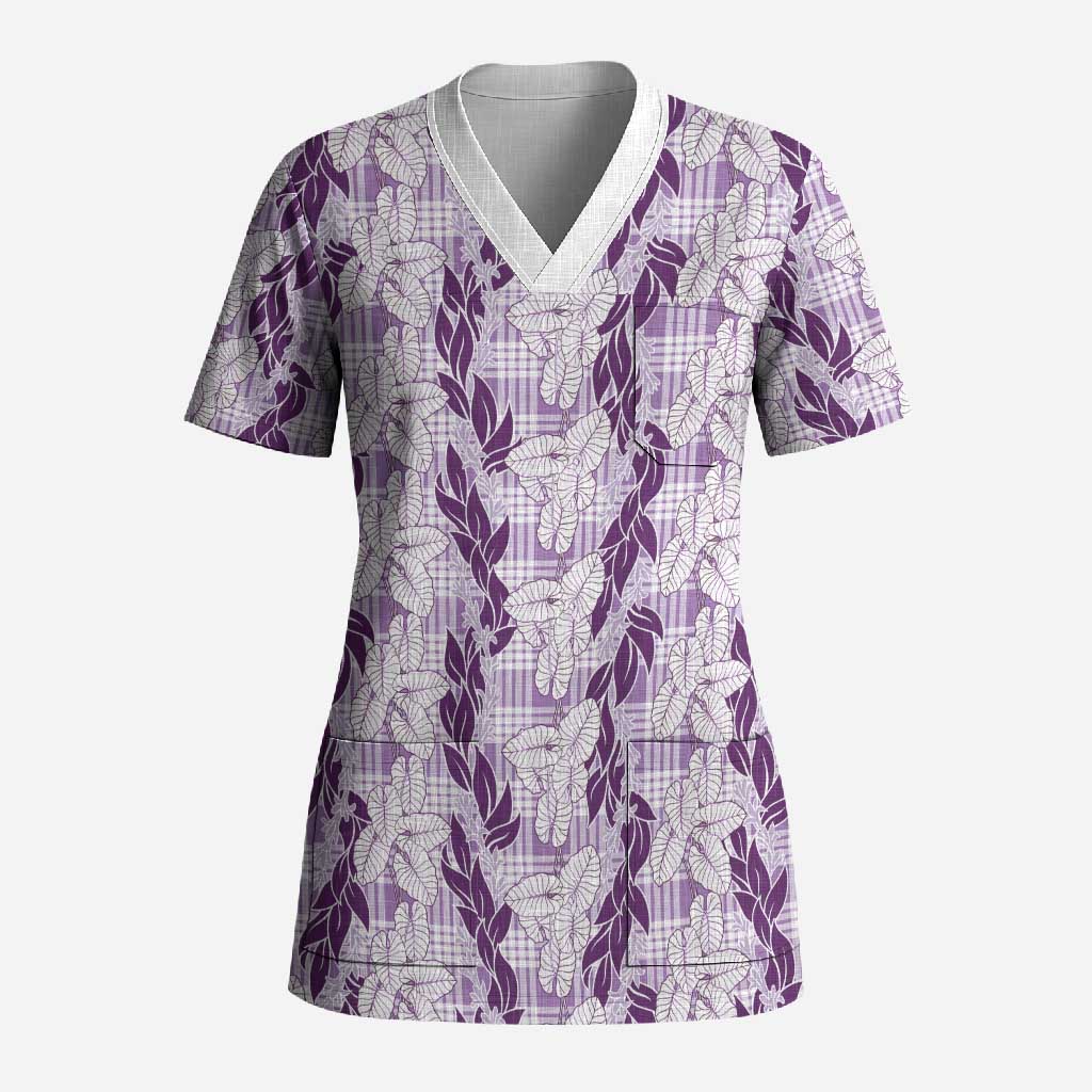 Hawaii Ti Leaf Maile Tuberose Lei Scrub Top With Hanalei Leaf Purple