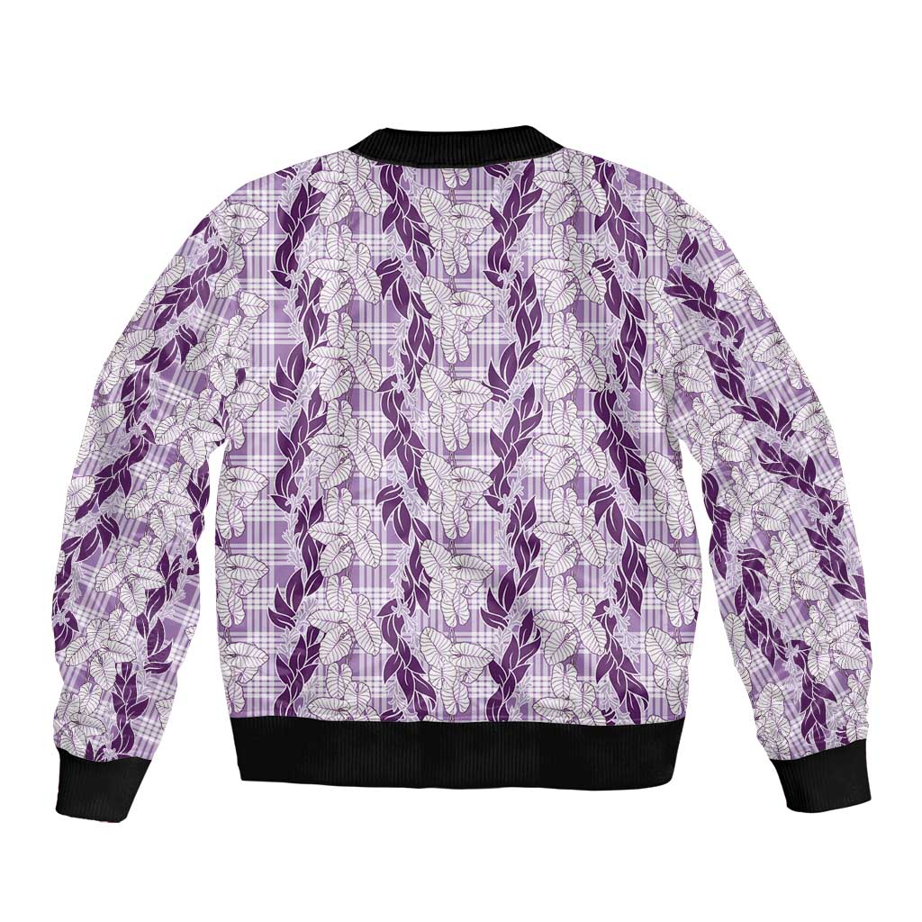 Hawaii Ti Leaf Maile Tuberose Lei Sleeve Zip Bomber Jacket With Hanalei Leaf Purple
