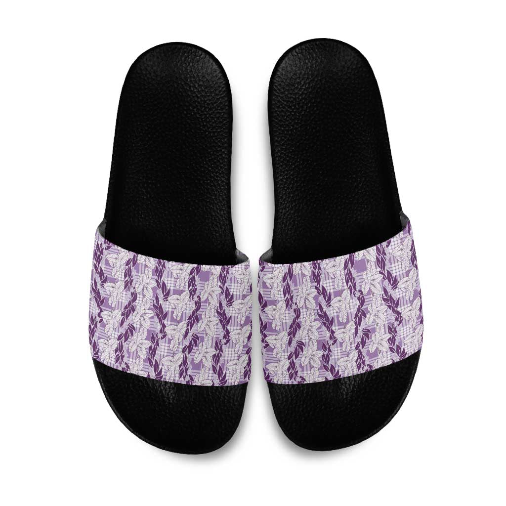 Hawaii Ti Leaf Maile Tuberose Lei Slide Sandals With Hanalei Leaf Purple
