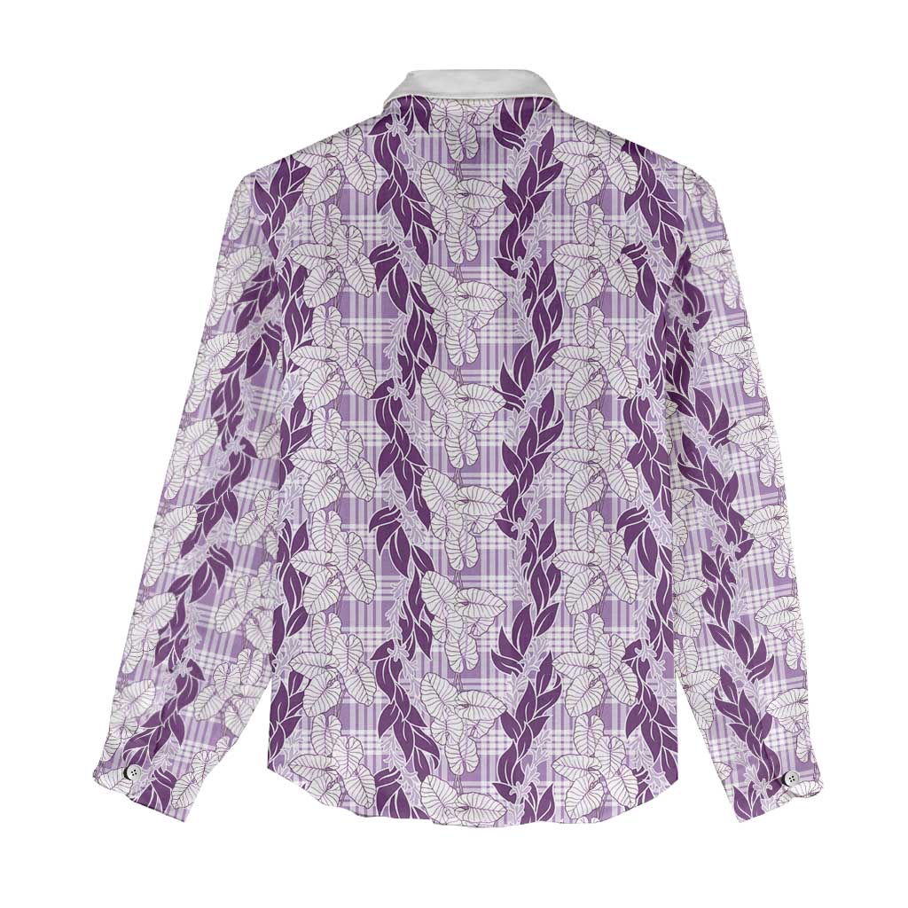 Hawaii Ti Leaf Maile Tuberose Lei Women Casual Shirt With Hanalei Leaf Purple