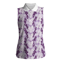 Hawaii Ti Leaf Maile Tuberose Lei Women Sleeveless Polo Shirt With Hanalei Leaf Purple