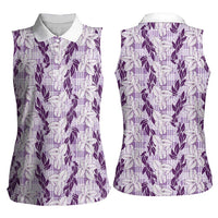 Hawaii Ti Leaf Maile Tuberose Lei Women Sleeveless Polo Shirt With Hanalei Leaf Purple