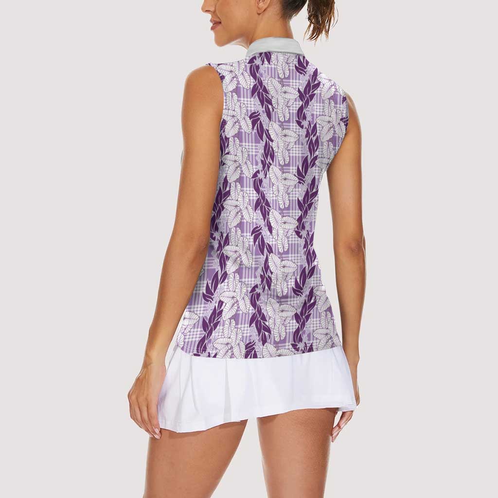 Hawaii Ti Leaf Maile Tuberose Lei Women Sleeveless Polo Shirt With Hanalei Leaf Purple