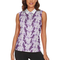 Hawaii Ti Leaf Maile Tuberose Lei Women Sleeveless Polo Shirt With Hanalei Leaf Purple