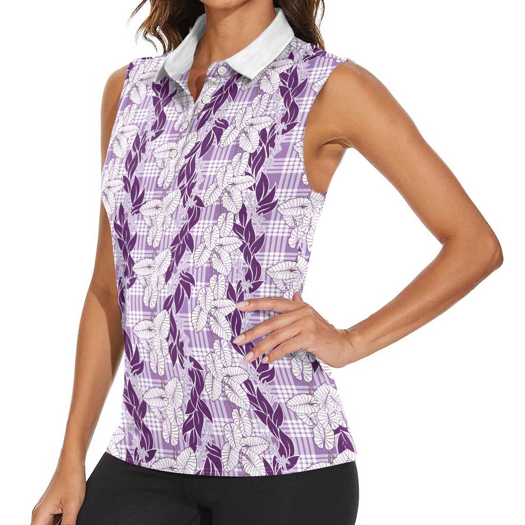 Hawaii Ti Leaf Maile Tuberose Lei Women Sleeveless Polo Shirt With Hanalei Leaf Purple