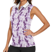 Hawaii Ti Leaf Maile Tuberose Lei Women Sleeveless Polo Shirt With Hanalei Leaf Purple