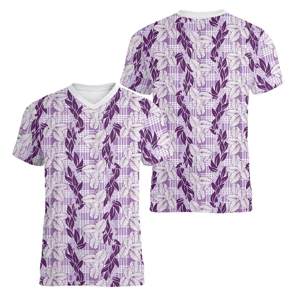 Hawaii Ti Leaf Maile Tuberose Lei Women V-Neck T-Shirt With Hanalei Leaf Purple