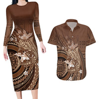 Samoa Tatau Marlin Couples Matching Long Sleeve Bodycon Dress and Hawaiian Shirt With Siapo Motifs Brown