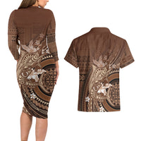 Samoa Tatau Marlin Couples Matching Long Sleeve Bodycon Dress and Hawaiian Shirt With Siapo Motifs Brown