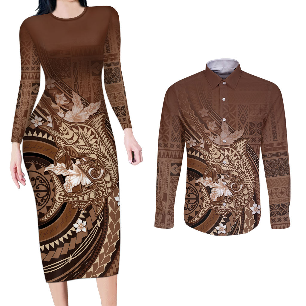Samoa Tatau Marlin Couples Matching Long Sleeve Bodycon Dress and Long Sleeve Button Shirt With Siapo Motifs Brown