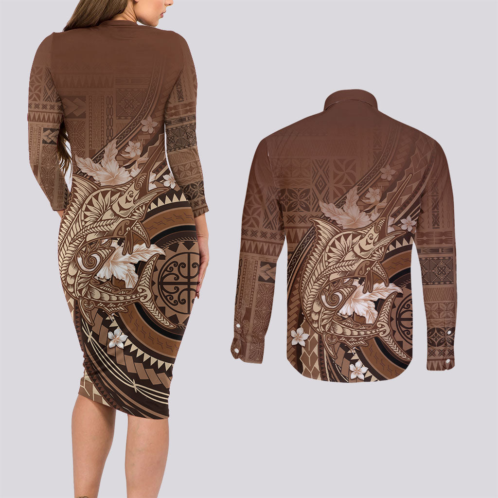 Samoa Tatau Marlin Couples Matching Long Sleeve Bodycon Dress and Long Sleeve Button Shirt With Siapo Motifs Brown