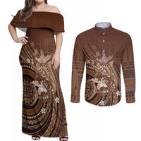 Samoa Tatau Marlin Couples Matching Off Shoulder Maxi Dress and Long Sleeve Button Shirt With Siapo Motifs Brown